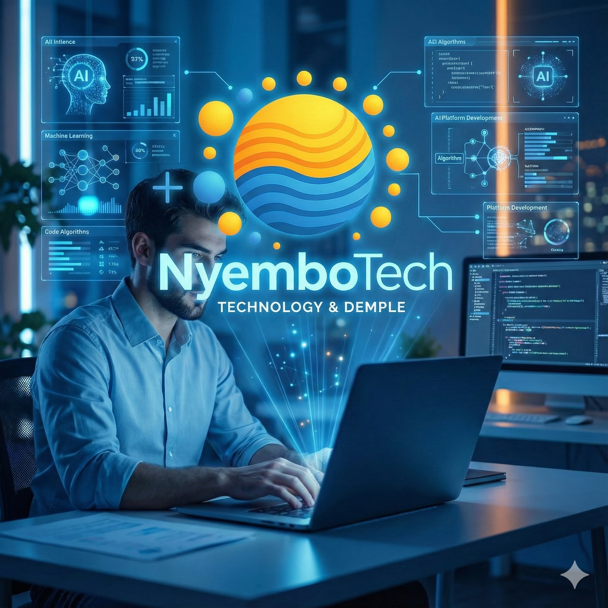 Nyembotech brand illustration of a developer with a laptop and digital tools.