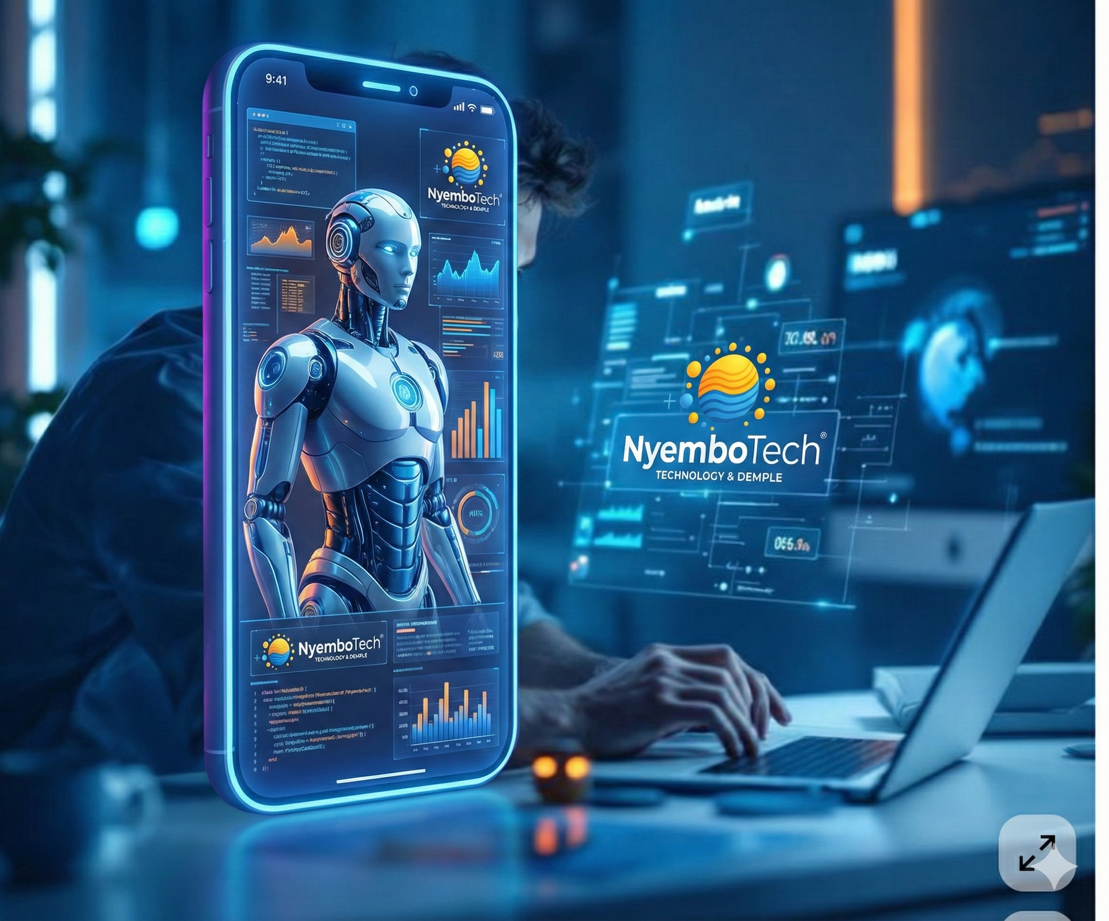 Nyembotech illustration of mobile applications and connected workflow tools.